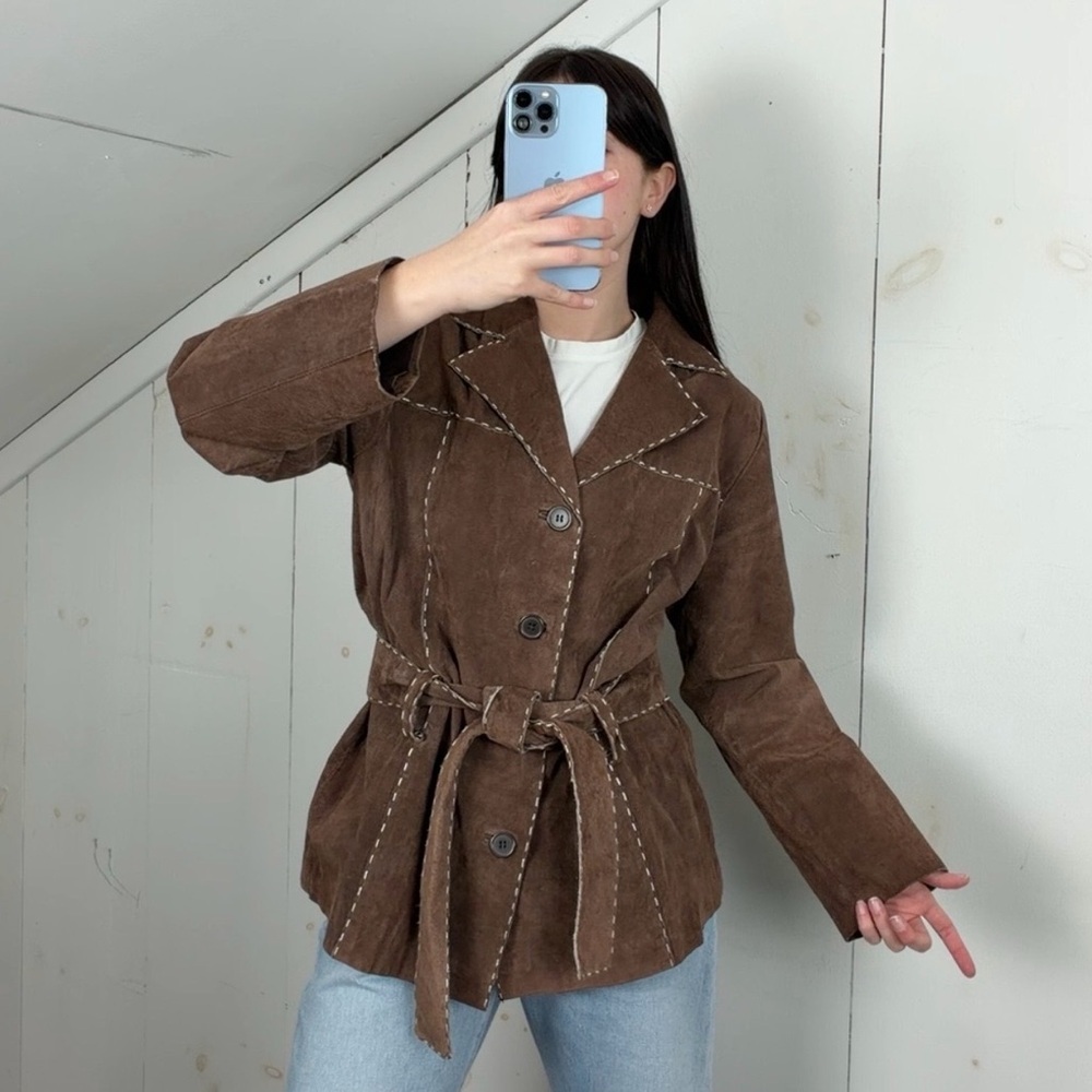 Outbrook Brown Suede Leather Belted Jacket Women’s Medium Contrast Stitching Y2K - Picture 3 of 15